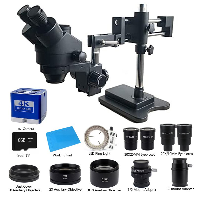 74620241019133059.jpg SANQTID 3.5X-180X Trinocular Stereo Microscope with 4K Camera & Double Arm Camera Repair Holder & 5Pcs Objective Lens & 2Pairs Lens Adapter & LED Ring Light & Working Pad EU Adapter Black - Image 1