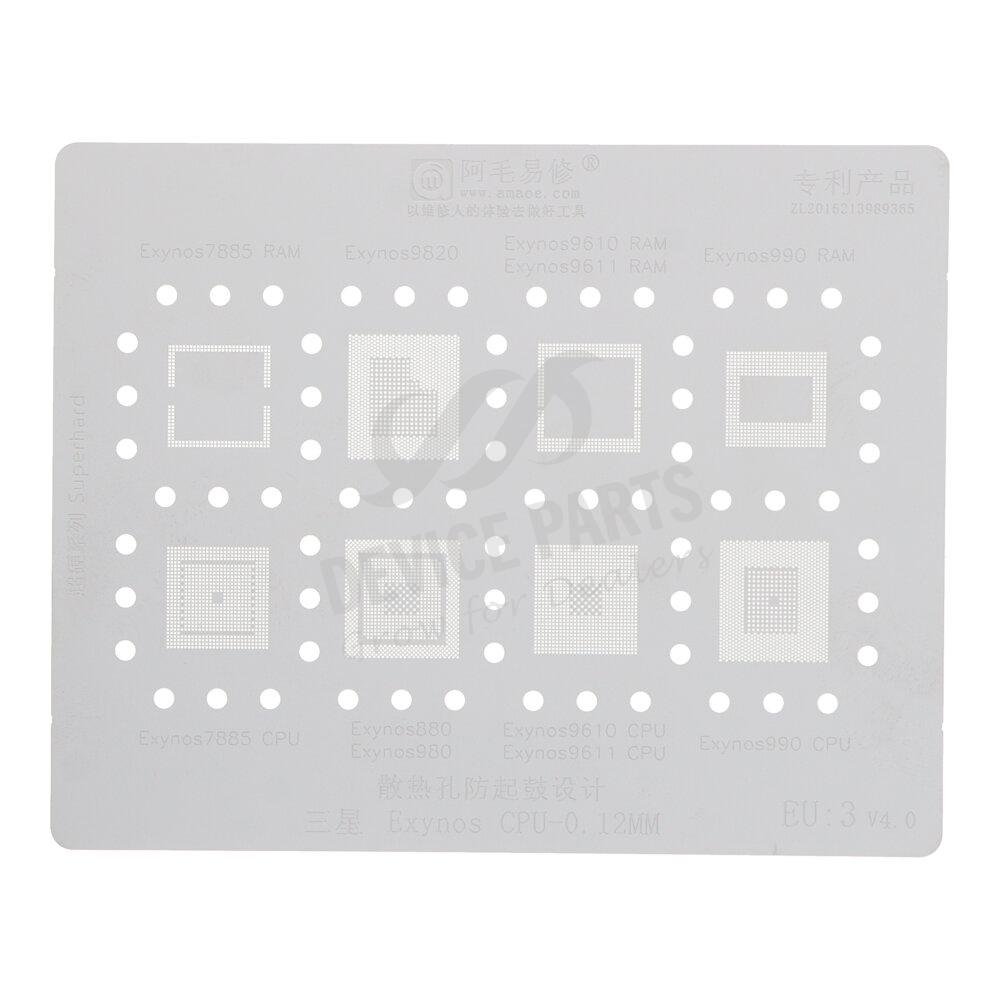 as074023_2402249243_1.jpg Amaoe EU:3 0.12MM CPU BGA Reballing Stencil Net for Samsung CPU Exynos 7885 RAM/9820/9610 RAM/990 RAM/7885 CPU/980/9610 CPU/990CPU - Image 1