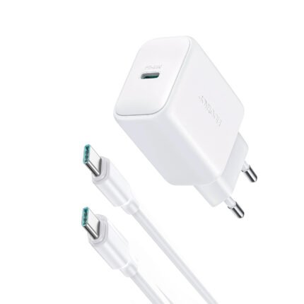 JOYROOM JR-TCF20 20W Type-C PD Fast Charger with 1M Type-C to Type-C Date Cable Eu Plug White CE/FCC/RoHS Certified