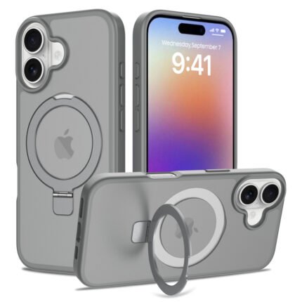 Liquid Silicone Skin Feel Magnetic Anti-drop Case with Stand for iPhone 17 Gray