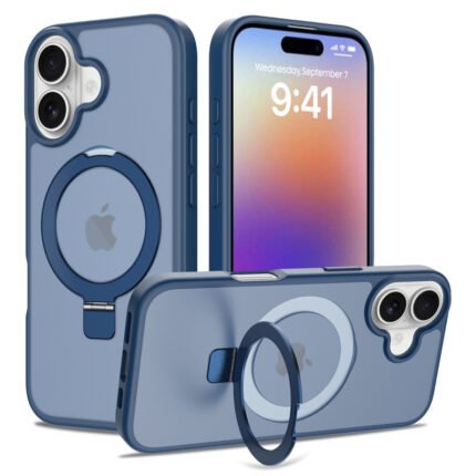 Liquid Silicone Skin Feel Magnetic Anti-drop Case with Stand for iPhone 17 Blue