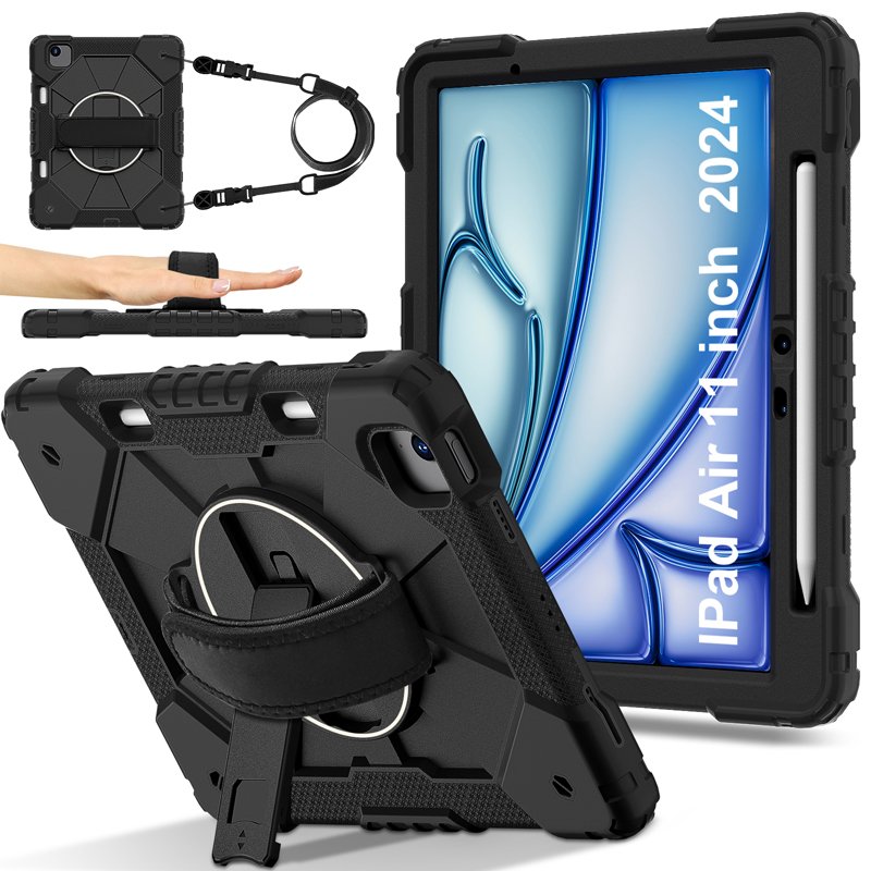 67820240618153211.jpg Dual Color Robot TPU Shock Absorbing Case with Shoulder Belt Grip Cover for iPad Air 11 2024 Black+Black - Image 1